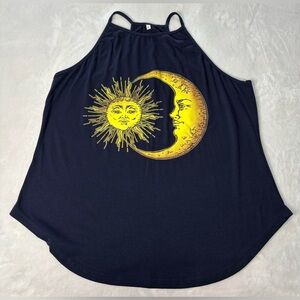 Blue Women's Halter Tank Top with Yellow Sun & Moon Graphic